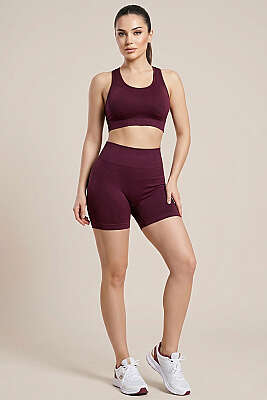 Arka Büzgülü Kısa Spor Şort Vişne - Spor Şort