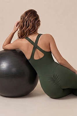 Arka Büzgülü Tulum Tayt Haki - Spor Tulum