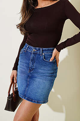 Arka Cepli Mini Kot Etek Mavi - Kadın Giyim Modelleri