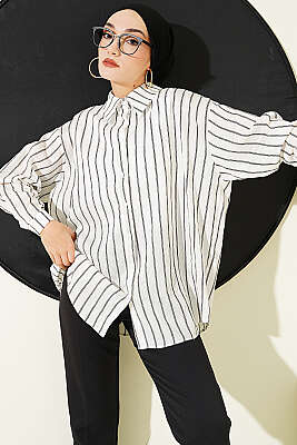 Arka Çift Pileli Çizgili Gömlek Beyaz - BIGDART