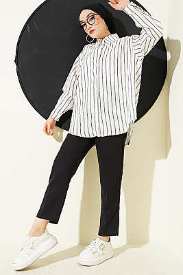 Arka Çift Pileli Çizgili Gömlek Beyaz - Gömlek