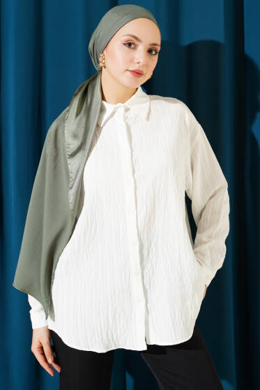 Arka Çift Pileli Çizgili Gömlek Ekru - Gömlek