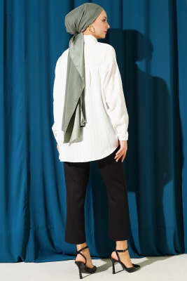 Arka Çift Pileli Çizgili Gömlek Ekru - Gömlek