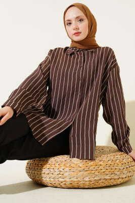 Arka Çift Pileli Çizgili Gömlek Kahve - BIGDART