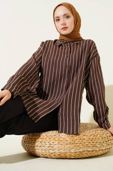 Arka Çift Pileli Çizgili Gömlek Kahve - Gömlek