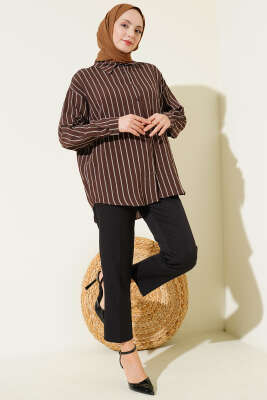 Arka Çift Pileli Çizgili Gömlek Kahve - Gömlek
