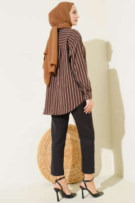 Arka Çift Pileli Çizgili Gömlek Kahve - Gömlek