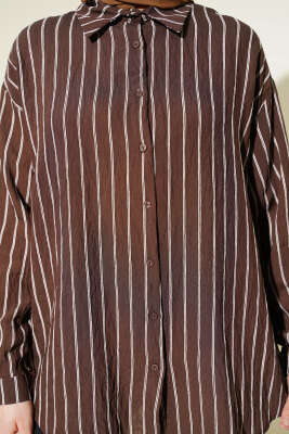 Arka Çift Pileli Çizgili Gömlek Kahve - Gömlek