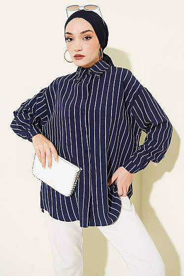 Arka Çift Pileli Çizgili Gömlek Lacivert - Gömlek