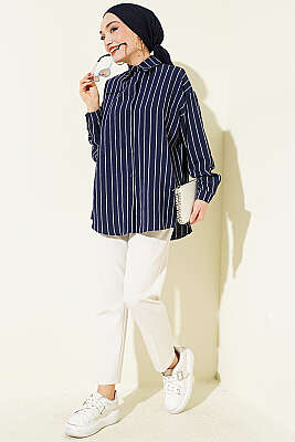 Arka Çift Pileli Çizgili Gömlek Lacivert - Gömlek