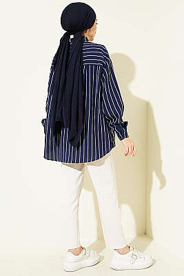 Arka Çift Pileli Çizgili Gömlek Lacivert - Gömlek