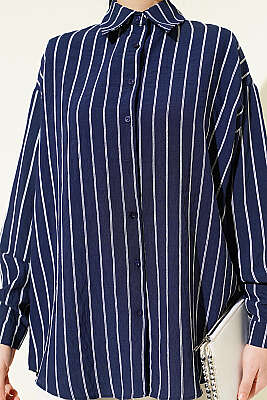 Arka Çift Pileli Çizgili Gömlek Lacivert - Gömlek