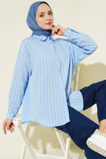 Arka Çift Pileli Çizgili Gömlek Mavi - Gömlek