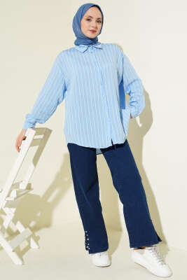 Arka Çift Pileli Çizgili Gömlek Mavi - Gömlek