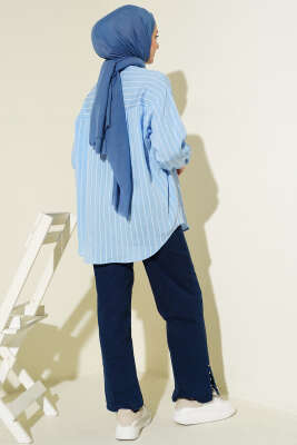 Arka Çift Pileli Çizgili Gömlek Mavi - Gömlek