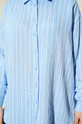 Arka Çift Pileli Çizgili Gömlek Mavi - Gömlek