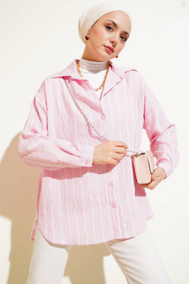 Arka Çift Pileli Çizgili Gömlek Pembe - Gömlek