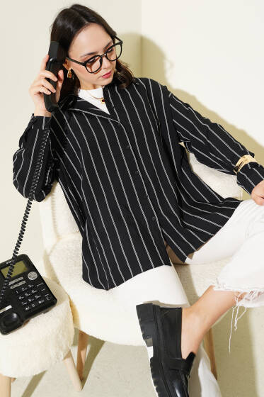 Arka Çift Pileli Çizgili Gömlek Siyah - Gömlek