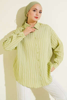 Arka Çift Pileli Çizgili Gömlek Su Yeşili - BIGDART