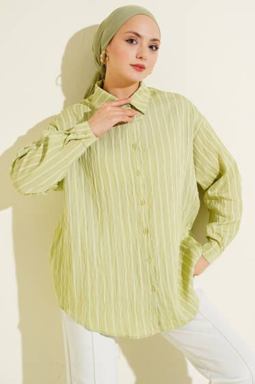 Arka Çift Pileli Çizgili Gömlek Su Yeşili - Gömlek