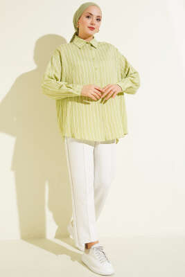 Arka Çift Pileli Çizgili Gömlek Su Yeşili - Gömlek