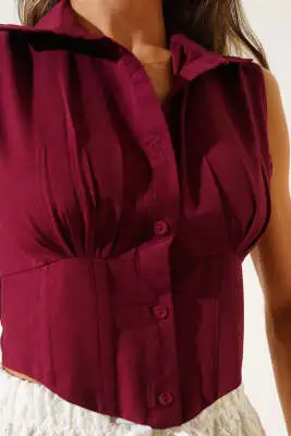 Arka Gipeli Kısa Gömlek Bordo - Kadın Giyim Modelleri