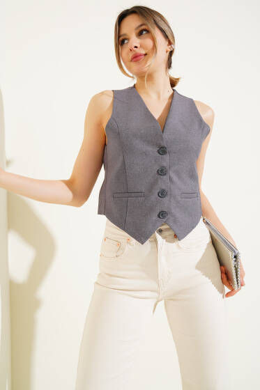 Arka Kemerli Kısa Yelek Gri - Kadın Giyim Modelleri