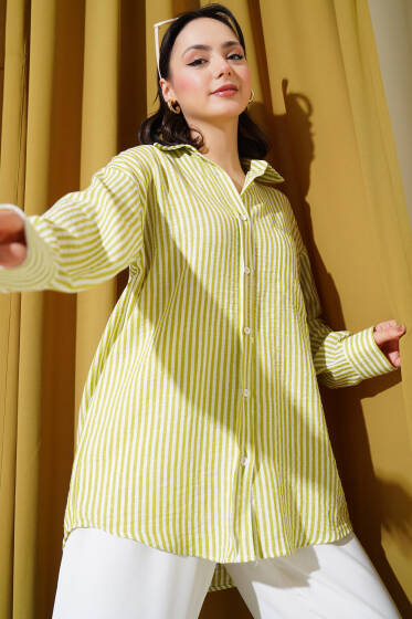 Arka Pileli Çizgili Gömlek Yeşil - Gömlek