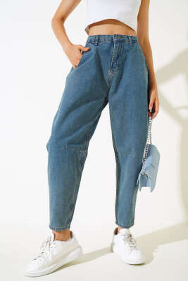 Arka Tokalı Diz Pensli Kot Pantolon Kahve Tint - Kadın Giyim Modelleri