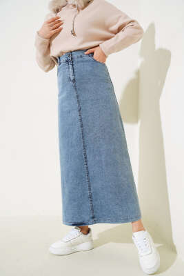 Arka Yan Cepli Kot Etek Kot Mavisi - Uzun Etek