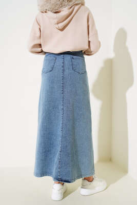 Arka Yan Cepli Kot Etek Kot Mavisi - Uzun Etek