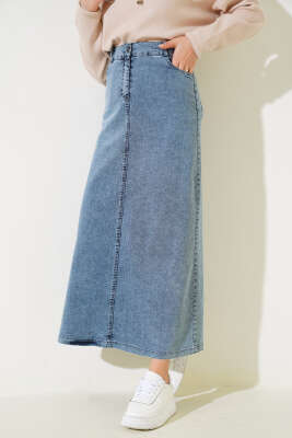 Arka Yan Cepli Kot Etek Kot Mavisi - Uzun Etek