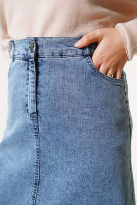 Arka Yan Cepli Kot Etek Kot Mavisi - Uzun Etek