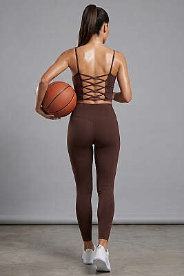 Arkası Çapraz Lastikli Crop Kahve - Sporcu Sütyeni 