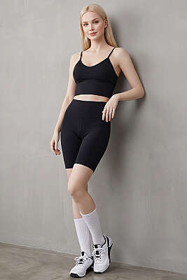 Arkası Çapraz Lastikli Crop Siyah - Sporcu Sütyeni 