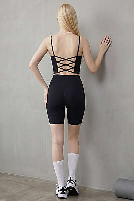 Arkası Çapraz Lastikli Crop Siyah - Sporcu Sütyeni 