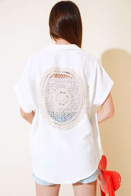 Arkası Dantelli Fakir Kol Gömlek Ekru - Kadın Giyim Modelleri