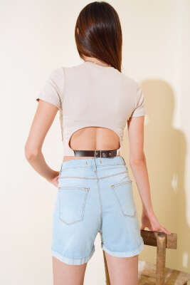 Arkası Kemerli Crop Bej - Kadın Giyim Modelleri