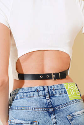 Arkası Kemerli Crop Ekru - Kadın Giyim Modelleri