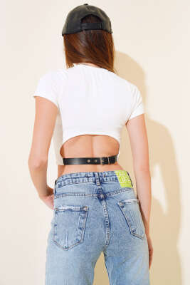 Arkası Kemerli Crop Ekru - Kadın Giyim Modelleri