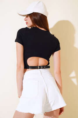 Arkası Kemerli Crop Siyah - Kadın Giyim Modelleri