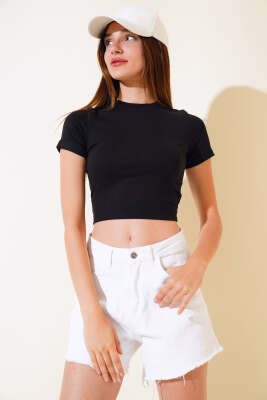 Arkası Kemerli Crop Siyah - Kadın Giyim Modelleri