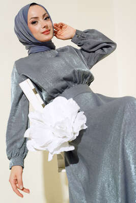 Arkası Kurdele Bağlamalı Etekli Takım Gri - İKİLİ TAKIM