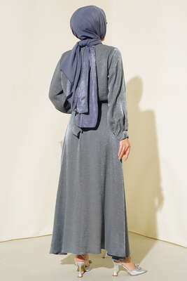 Arkası Kurdele Bağlamalı Etekli Takım Gri - İKİLİ TAKIM