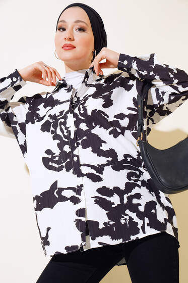 Arkası Pileli Desenli Oversize Gömlek Beyaz - Gömlek