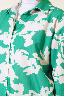 Arkası Pileli Desenli Oversize Gömlek Yeşil - Thumbnail