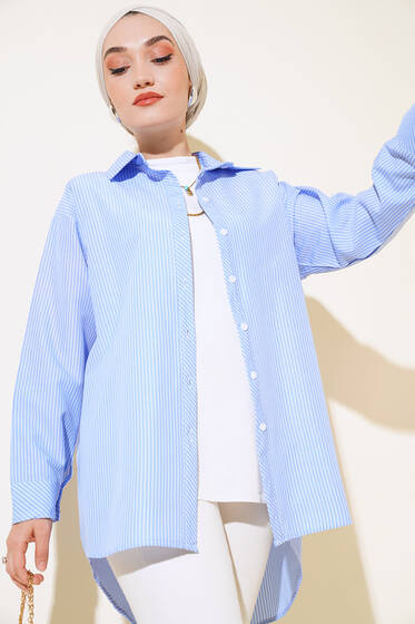 Arkası Tek Pile Çizgili Gömlek Buz Mavisi - Gömlek