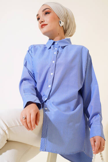 Arkası Tek Pile Çizgili Gömlek Mavi - Gömlek