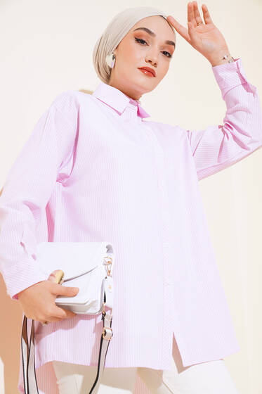 Arkası Tek Pile Çizgili Gömlek Pembe - Gömlek