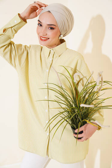 Arkası Tek Pile Çizgili Gömlek Yağ Yeşili - Gömlek